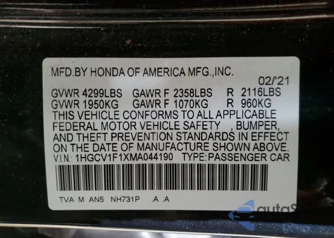 2021 Honda Accord Lx z USA, uszkodzony, nr VIN 1HGCV1F1XMA044190